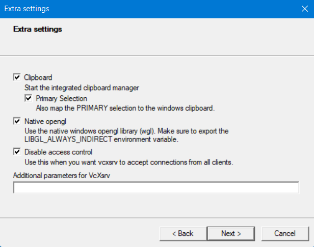 Extra-setting VcXsrv